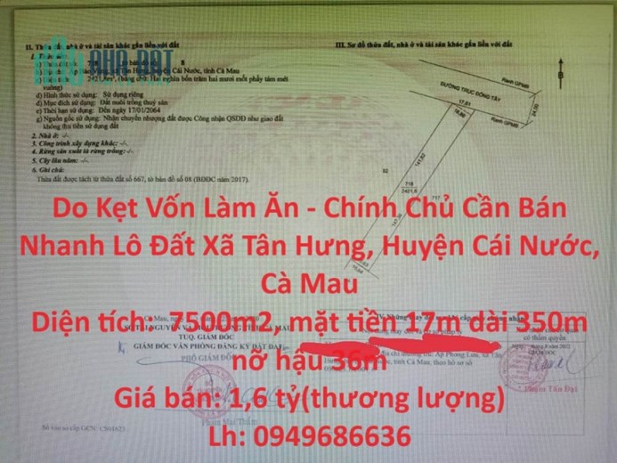 Do Kẹt Vốn Làm Ăn - Chính Chủ Cần Bán Nhanh Lô Đất Xã Tân Hưng, Huyện Cái Nước, Cà Mau