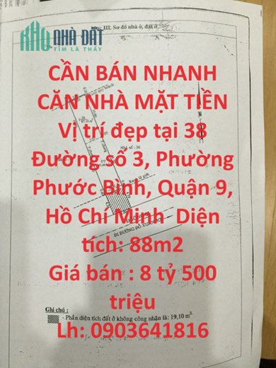 CẦN BÁN NHANH CĂN NHÀ MẶT TIỀN Vị trí đẹp tại quận 9