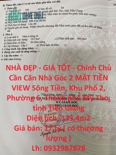 NHÀ ĐẸP - GIÁ TỐT - Chính Chủ Cần Căn Nhà Góc 2 MẶT TIỀN VIEW Sông Tiền Thành Phố Mỹ Tho
