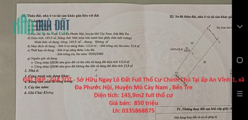 ĐẤT ĐẸP - GIÁ TỐT - Sở Hữu Ngay Lô Đất Full Thổ Cư Chính Chủ Tại Huyện Mỏ Cày Nam , Bến Tre