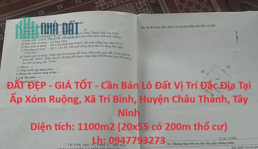 ĐẤT ĐẸP - GIÁ TỐT - Cần Bán Lô Đất Vị Trí Đắc Địa Tại Huyện Châu Thành, Tây Ninh