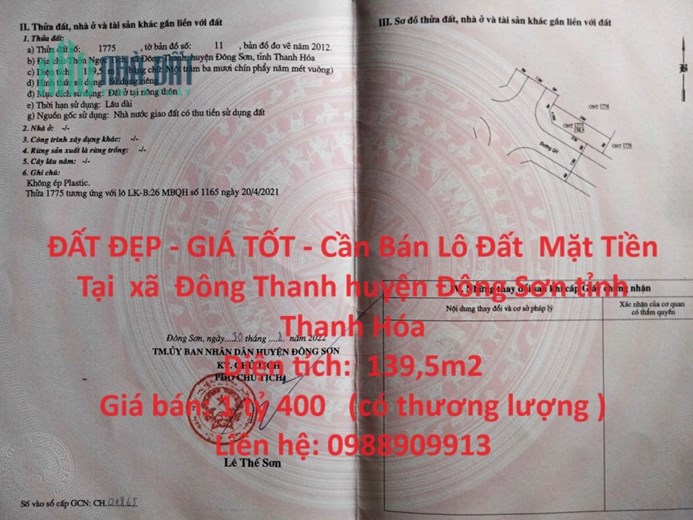 ĐẤT ĐẸP - GIÁ TỐT - Cần Bán Lô Đất  Mặt Tiền Tại  xã  Đông Thanh huyện Đông Sơn tỉnh Thanh Hóa