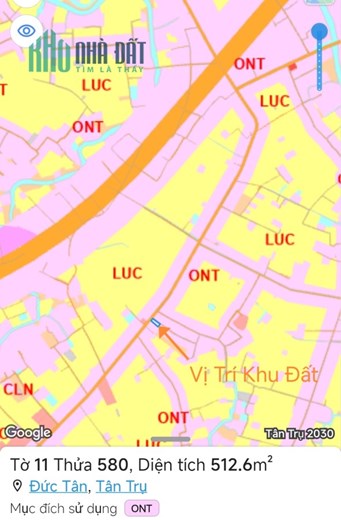 Bán gấp hạ giá đất thổ Tân Trụ hai mặt tiền gần Quốc Lộ 50B giá 2,5 Tỷ