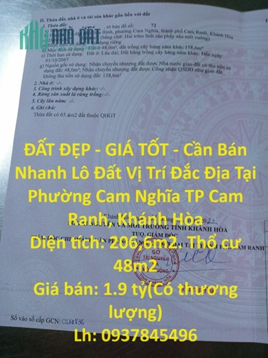 ĐẤT ĐẸP - GIÁ TỐT - Cần Bán Nhanh Lô Đất Vị Trí Đắc Địa Tại Phường Cam Nghĩa TP Cam Ranh