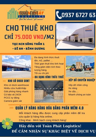 Cho thuê kho chứa hàng tại HCM, kho gần ga Sóng Thần, kho có PCCC tự động, giá rẻ