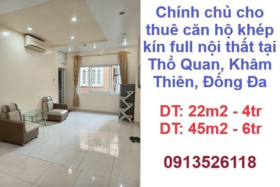 Chính chủ cho thuê căn hộ khép kín full nội thất tại Thổ Quan, Khâm Thiên, Đống Đa; 4tr/th;