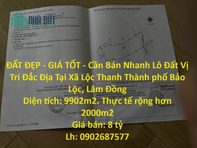 ĐẤT ĐẸP - GIÁ TỐT - Cần Bán Nhanh Lô Đất Vị Trí Đắc Địa Tại Xã Lộc Thanh Thành phố Bảo Lộc, Lâm Đồng