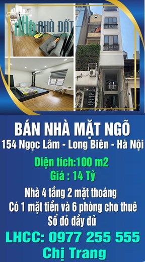 CHÍNH CHỦ TÔI CẦN BÁN NHÀ 100M2 MẶT NGÕ 154 NGỌC LÂM LONG BIÊN HÀ NỘI