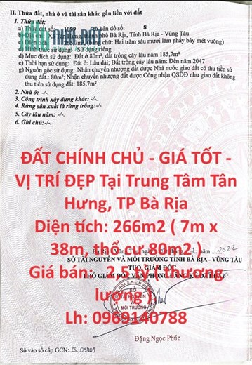 ĐẤT CHÍNH CHỦ - GIÁ TỐT - VỊ TRÍ ĐẸP Tại Trung Tâm Tân Hưng, TP Bà Rịa