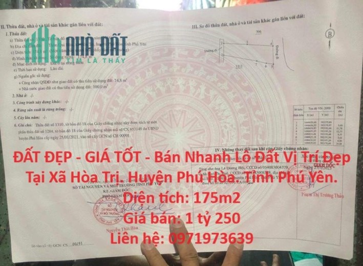 ĐẤT ĐẸP - GIÁ TỐT - Bán Nhanh Lô Đất Vị Trí Đẹp Tại Xã Hòa Trị. Huyện Phú Hòa. Tỉnh Phú Yên.