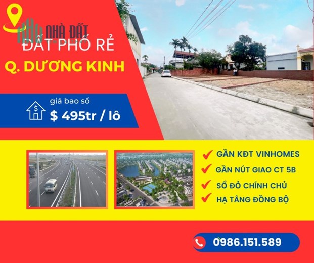 Bán lô đất giá 495tr/lô nằm trên mặt trục phố ngay ủy ban phường quận Dương Kinh HP