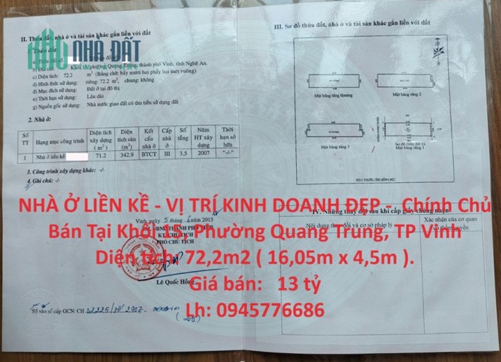 NHÀ Ở LIỀN KỀ - VỊ TRÍ KINH DOANH ĐẸP -  Chính Chủ Bán Tại Khối 15, Phường Quang Trung, TP Vinh
