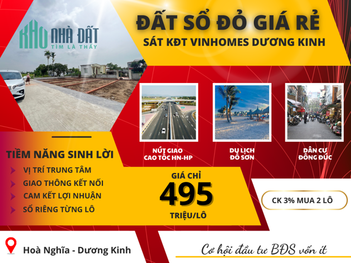 Cực sốc gần UBND phường Hoà Nghĩa cạnh Vinhomes Dương Kinh xuất hiện một số lô đất ở đô thị giá rẻ