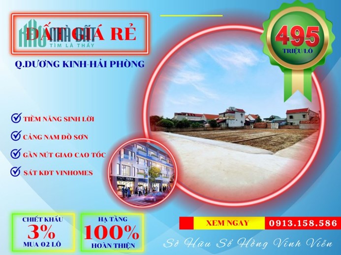BÁN ĐẤT PHỐ GIÁ CHỈ 495TR/LÔ. TRUNG TÂM QUẬN DƯƠNG KINH HP GẦN KHU ĐÔ THỊ VINHOMES