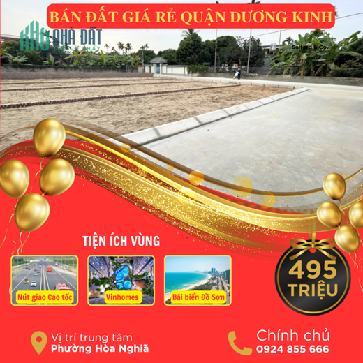 Bán đất giá rẻ 495tr/ lô ngay trung tâm quận Dương Kinh cạnh Vinhomes và tỉnh lộ 353 đi Đồ Sơn