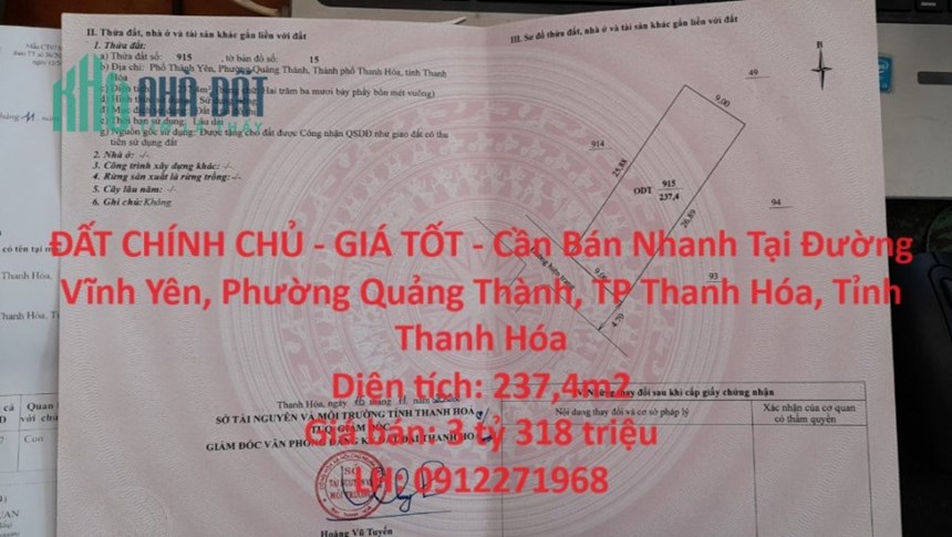 ĐẤT CHÍNH CHỦ - GIÁ TỐT - Cần Bán Nhanh Tại Phường Quảng Thành, TP Thanh Hóa