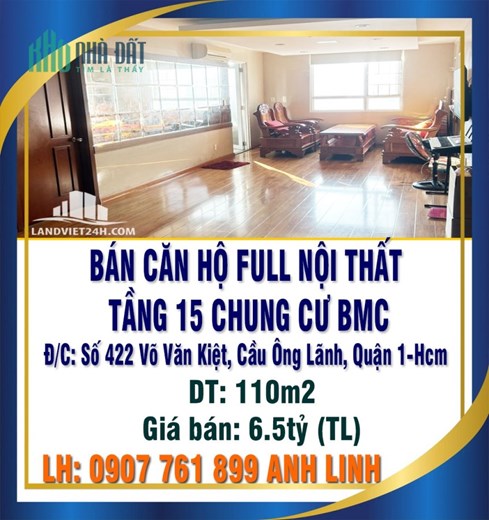 CẦN BÁN CĂN HỘ FULL NỘI THẤT TẦNG 15 CHUNG CƯ BMC QUẬN 1