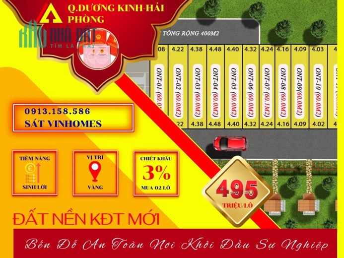 BÁN ĐẤT PHỐ GIÁ CHỈ 495TR TRONG KHU DÂN CƯ GẦN KHU ĐÔ THỊ VINHOES DƯƠNG KINH HP