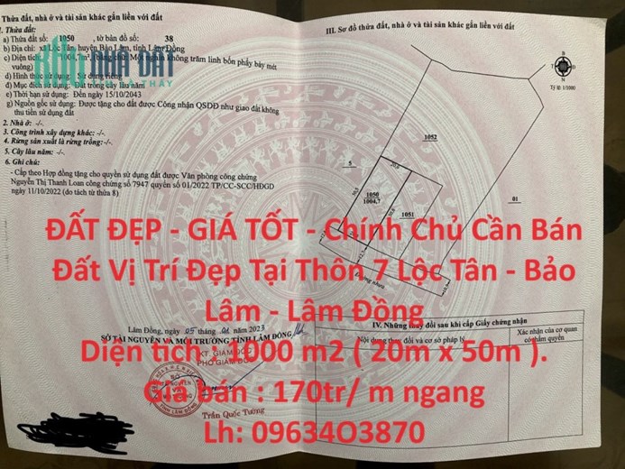 ĐẤT ĐẸP - GIÁ TỐT - Chính Chủ Cần Bán Đất Vị Trí Đẹp Tại Thôn 7 Lộc Tân - Bảo Lâm - Lâm Đồng