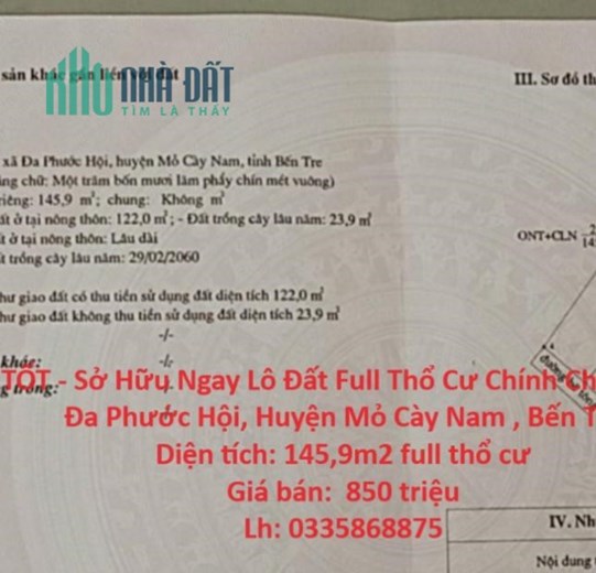 ⭐CHÍNH CHỦ CẦN BÁN GẤP nhà ấp An Vĩnh 1, Đa Phước Hội, Mỏ Cày Nam, Bến Tre, 850tr; 0335868875