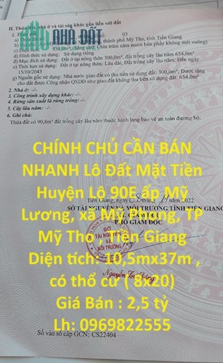 CHÍNH CHỦ CẦN BÁN NHANH Lô Đất Mặt Tiền Huyện Lộ 90E Thuộc TP Mỹ Tho - Tiền Giang