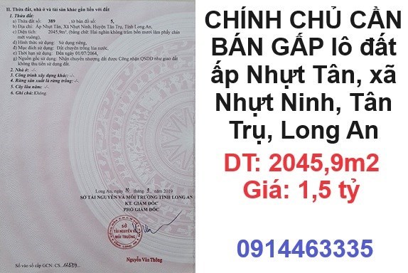 ⭐CHÍNH CHỦ CẦN BÁN GẤP lô đất ấp Nhựt Tân, xã Nhựt Ninh, Tân Trụ, Long An; 1,5tỷ; 0914463335
