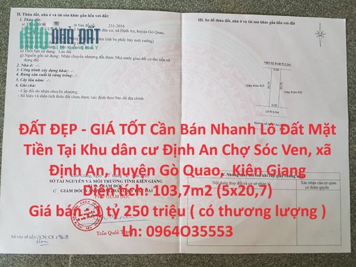 ĐẤT ĐẸP - GIÁ TỐT Cần Bán Nhanh Lô Đất Mặt Tiền Tại Khu dân cư Định An Chợ Sóc Ven Gò Quao