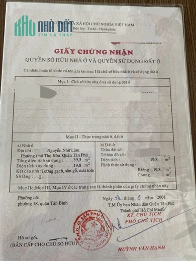 Nhà Bán Nguyễn Nhữ Lãm, P.Phú Thọ Hoà , Q.Tân Phú