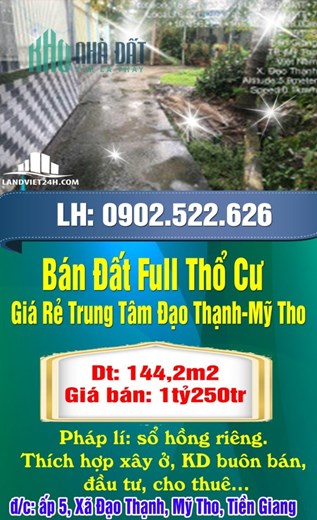 CHÍNH CHỦ BÁN ĐẤT FULL THỔ CƯ SỔ HỒNG RIÊNG GIÁ RẺ TRUNG TÂM ĐẠO THẠNH-MỸ THO