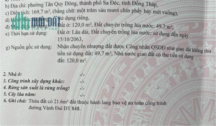Chuyển nhượng gấp 170m2 đất mặt tiền đường vành đai DT848 phường Tân Quy Đông Sa Đéc Đồng Tháp