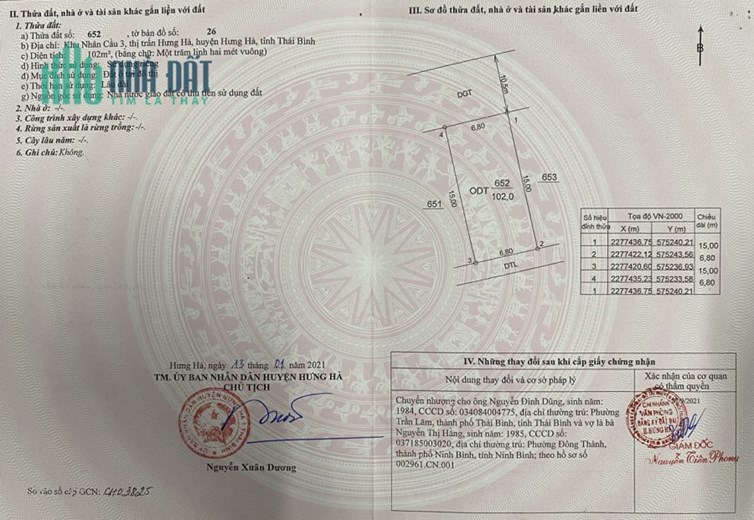 Bán Đất; khu Nhân Cầu 3 (trước cổng trường bổ túc) Trung Tâm Thị Trấn Hưng Hà, Thái Bình