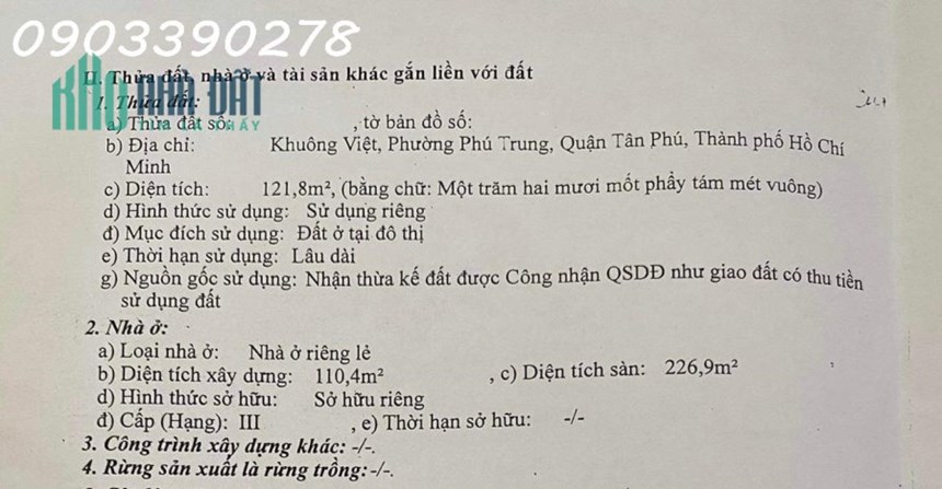122M2 KHUÔNG VIỆT TÂN PHÚ - GIÁP Q.11 - KẾ BÊN ĐẦM SEN - NGANG 5 - DÒNG TIỀN  SẴN