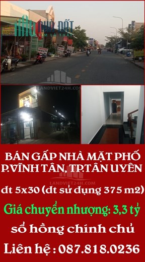 CẦN BÁN GẤP NHÀ MẶT PHỐ, P.VĨNH TÂN, THÀNH PHỐ TÂN UYÊN, TỈNH BÌNH DƯƠNG