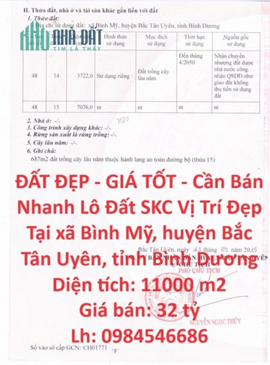 ĐẤT ĐẸP - GIÁ TỐT - Cần Bán Nhanh Lô Đất SKC Vị Trí Đẹp Tại huyện Bắc Tân Uyên, Bình Dương