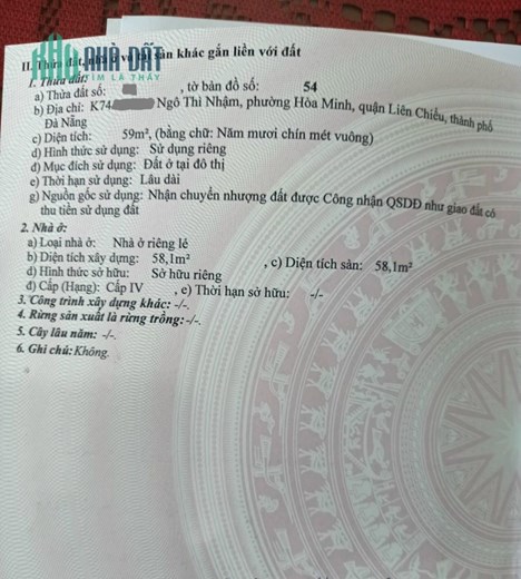 Bán nhà C4 kiệt 74 Ngô Thì Nhậm, Hòa Minh, Liên Chiểu, Đà Nẵng