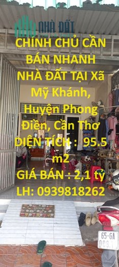 CHÍNH CHỦ CẦN BÁN NHANH NHÀ ĐẤT TẠI Xã Mỹ Khánh, Huyện Phong Điền, Cần Thơ