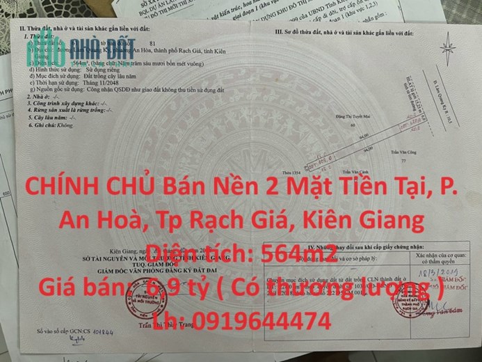CHÍNH CHỦ Bán Nền 2 Mặt Tiền Tại, P. An Hoà, Tp Rạch Giá, Kiên Giang