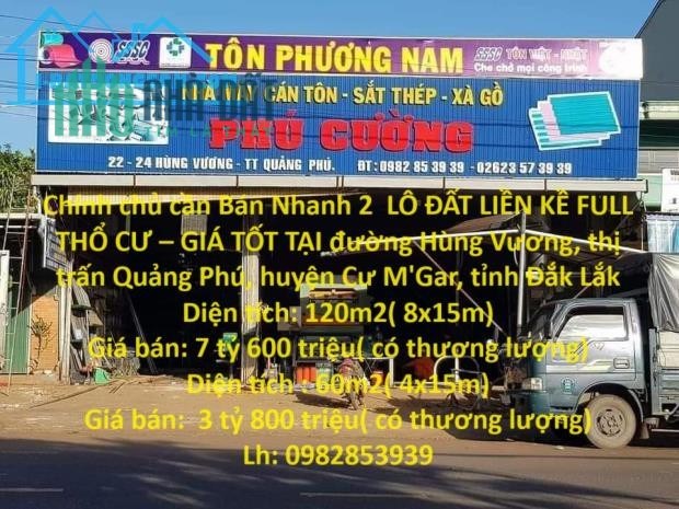 ⭐Chính chủ Bán Nhanh 2 lô đất LIỀN KỀ full thổ cư – GIÁ TỐT TẠI huyện Cư M'Gar, Đắk Lắk; 7,6 tỷ;