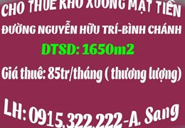 CHÍNH CHỦ CHO THUÊ KHO XƯỞNG MẶT TIỀN ĐƯỜNG NGUYỄN HỮU TRÍ-BÌNH CHÁNH