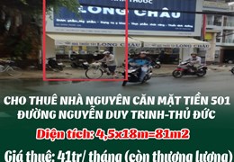 CHO THUÊ NHÀ NGUYÊN CĂN MẶT TIỀN 501 ĐƯỜNG NGUYỄN DUY TRINH-THỦ ĐỨC