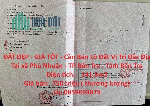 ⭐ĐẤT ĐẸP - GIÁ TỐT - Cần bán lô đất vị trí đắc địa tại xã Phú Nhuận - TP. Bến Tre - Bến Tre; 700tr;
