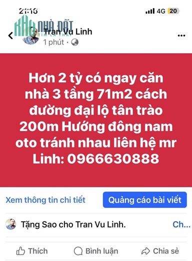 Hơn 2 tỷ có ngay căn nhà riêng 3 tầng 71m2 cách đường đại lộ tân trào 200m Phường Minh Xuân TP