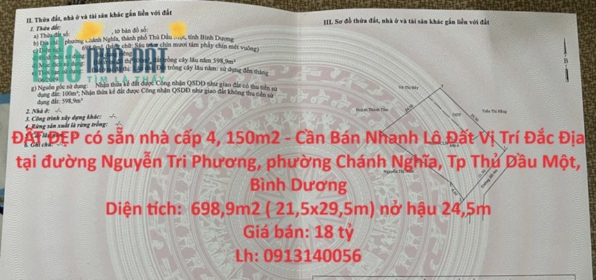 ĐẤT ĐẸP có sẵn nhà cấp 4, 150m2 - Cần Bán Nhanh Lô Đất Vị Trí Đắc Địa tại tp Thủ Dầu Một