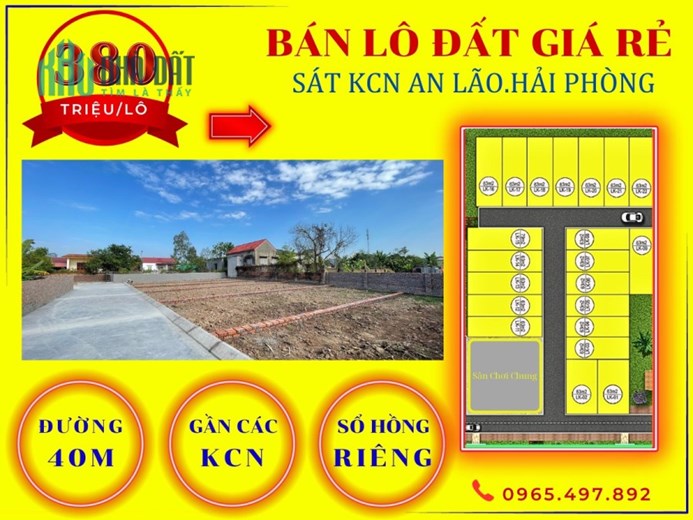 Bán lô đất sổ đỏ giá 380tr/lô gần đường 40m chạy sát khu công nghiệp An Lão Hải Phòng