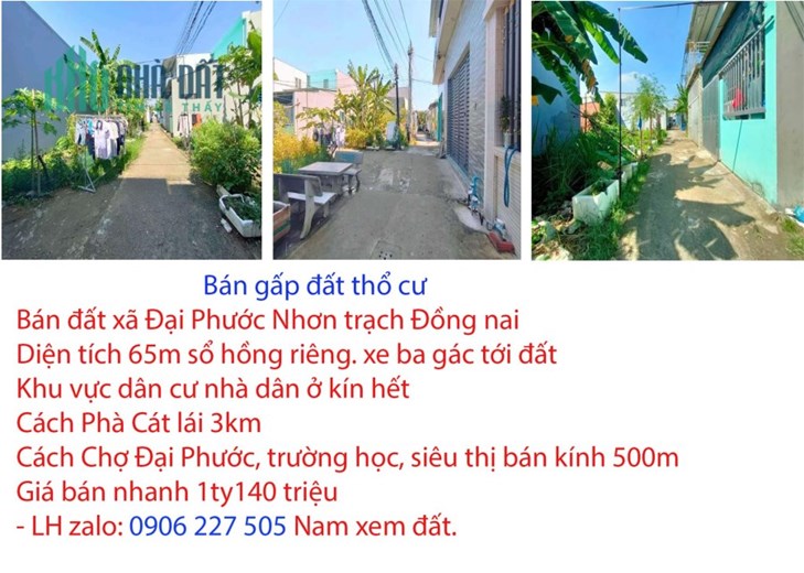 Bán đất xã Đại Phước Nhơn trạch Đồng nai, cách phà cát lái 2km, giá 1 tỷ 90 triệu