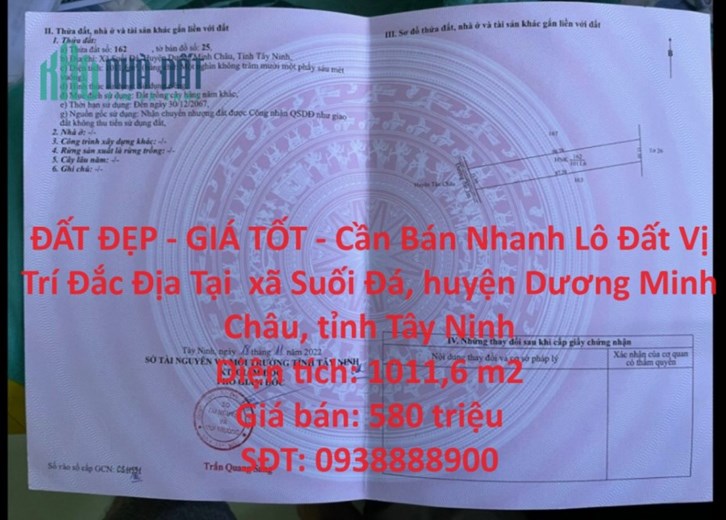 ĐẤT ĐẸP - GIÁ TỐT - Cần Bán Nhanh Lô Đất Vị Trí Đắc Địa Tại  Tây Ninh