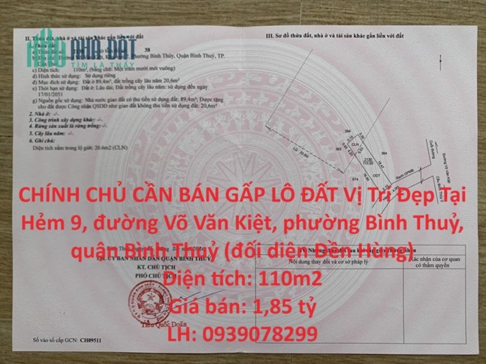 CHÍNH CHỦ CẦN BÁN GẤP LÔ ĐẤT Vị Trí Đẹp Tại quận Bình Thủy, TP Cần Thơ