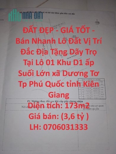 ĐẤT ĐẸP - GIÁ TỐT - Bán Nhanh Lô Đất Vị Trí Đắc Địa Tặng Dãy Trọ Tại Xã Dương Tơ, TP Phú Quốc