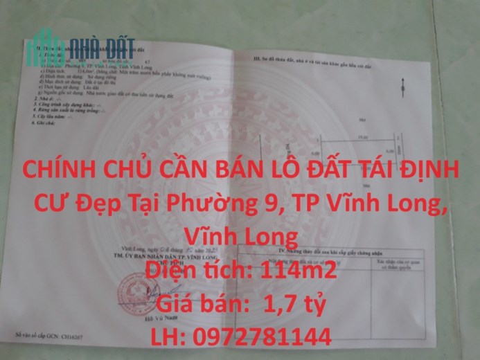 CHÍNH CHỦ CẦN BÁN LÔ ĐẤT TÁI ĐỊNH CƯ Đẹp Tại Phường 9, TP Vĩnh Long, Vĩnh Long