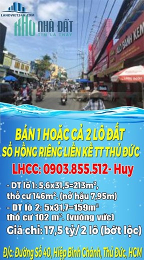 BÁN 1 HOẶC CẢ 2 LÔ ĐẤT SỔ HỒNG RIÊNG LIỀN KỀ MT ĐƯỜNG 40 TRUNG TÂM THỦ ĐỨC.TPHCM
